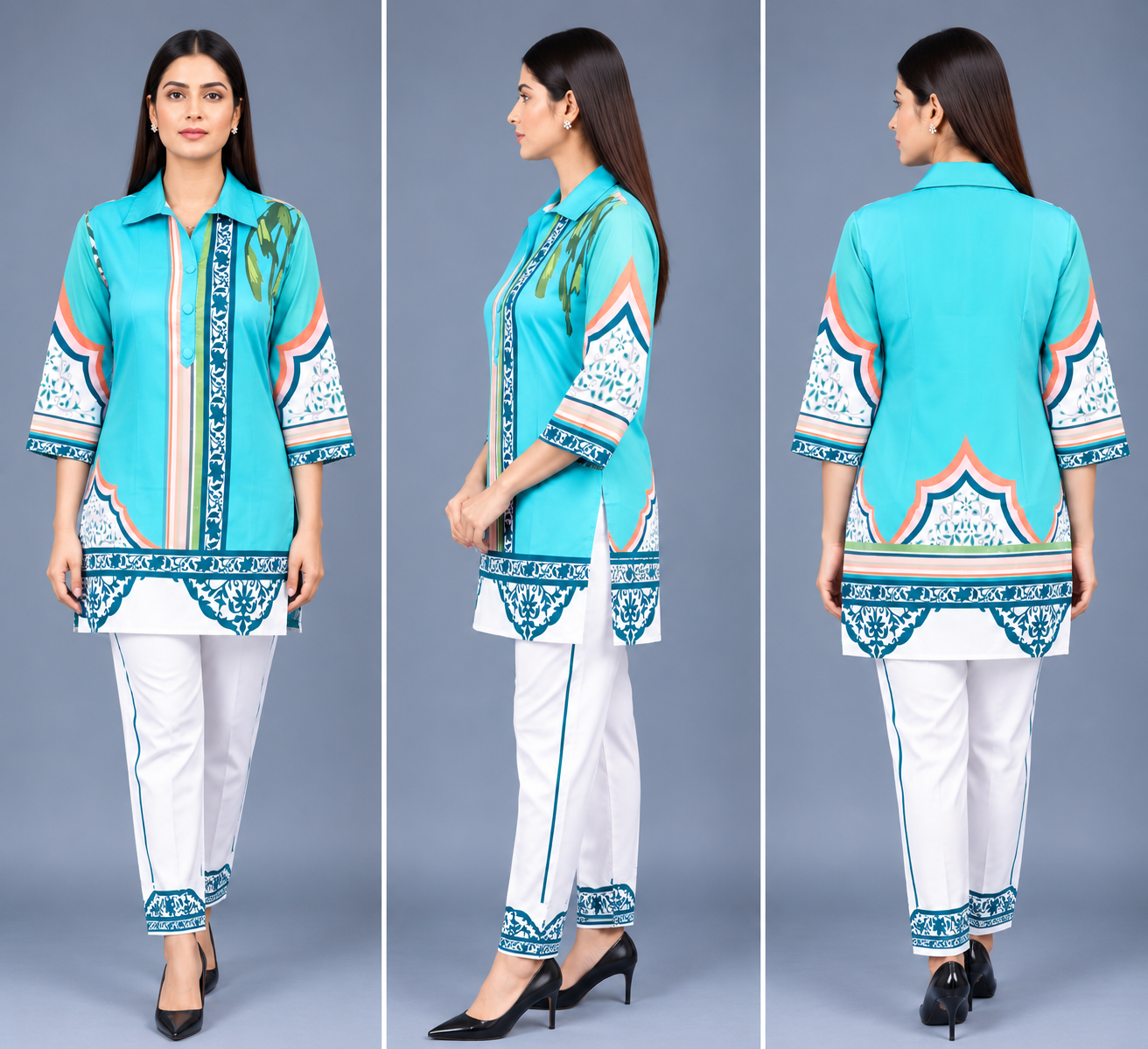 Aqua Azure Reyon Co-Ord Set with Matching Free Scrunches