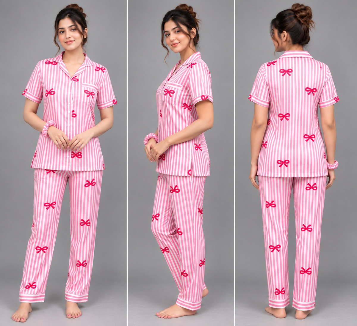Satin Sweetheart 4-Piece Long Sleep Set Shirt + Full-Length Lower + Scrunchies + Eye Mask