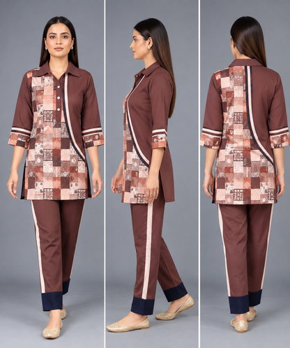 Mocha Mosaic Reyon Co-Ord Set with Matching Free Scrunches