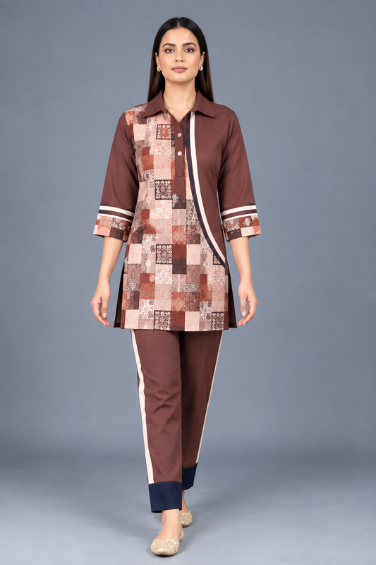 Mocha Mosaic Reyon Co-Ord Set with Matching Free Scrunches
