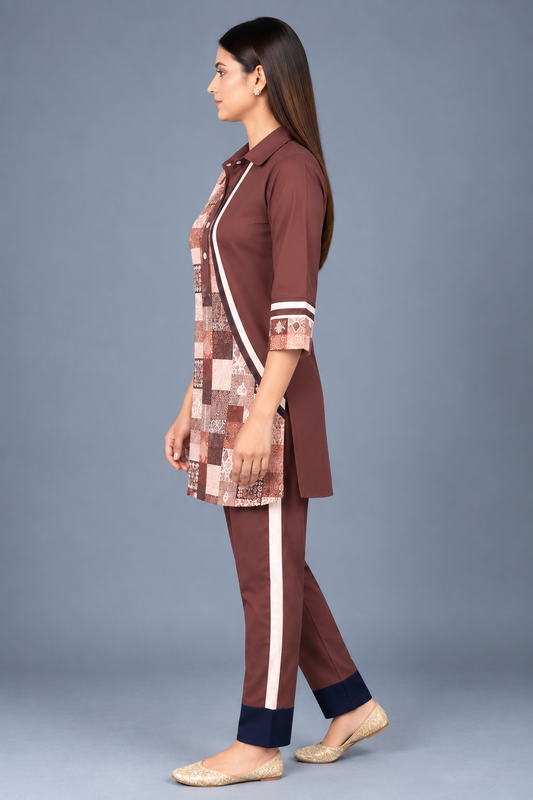 Mocha Mosaic Reyon Co-Ord Set with Matching Free Scrunches