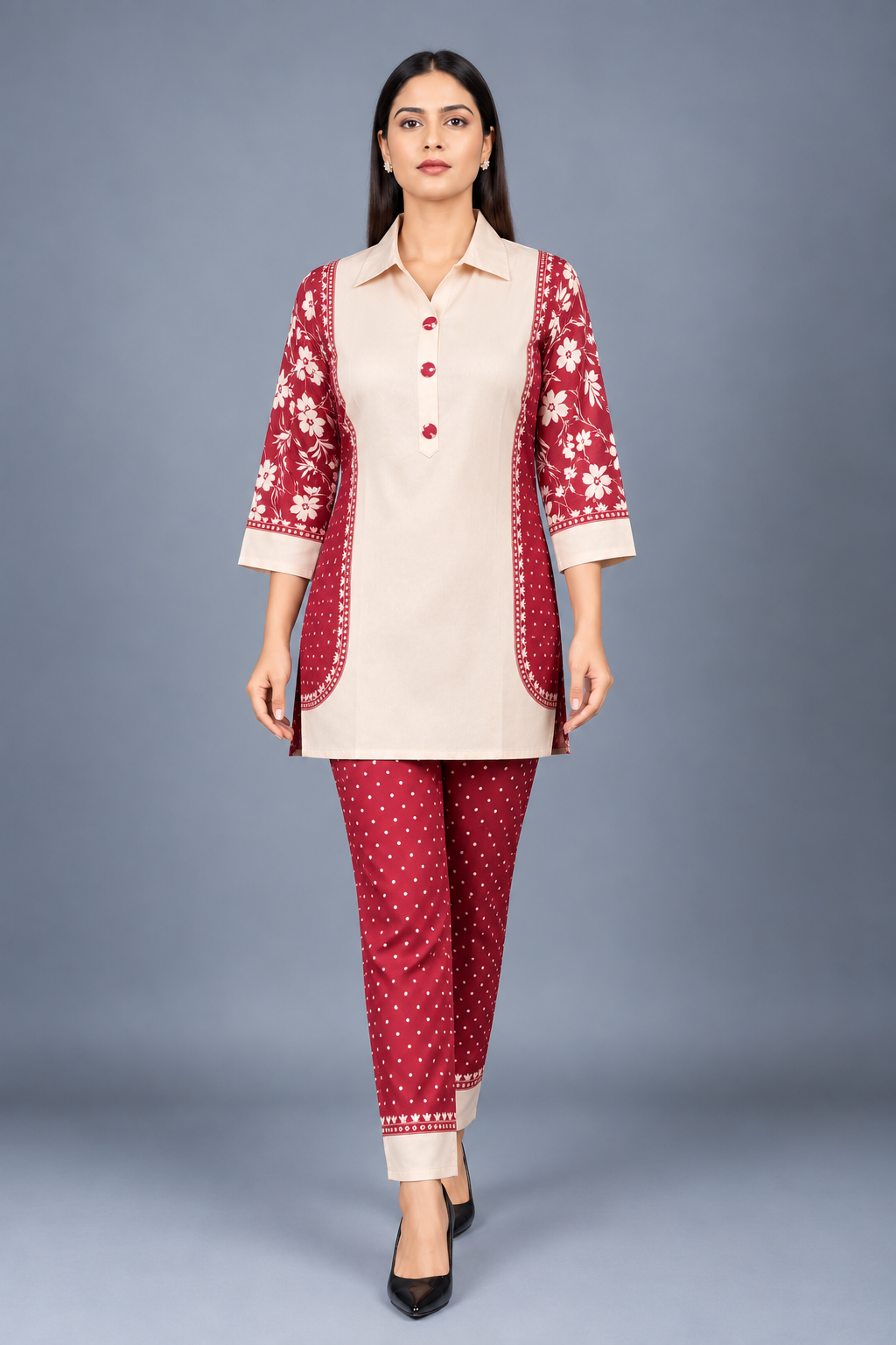 Ivory Ruby Reyon Co-Ord Set with Matching Free Scrunches