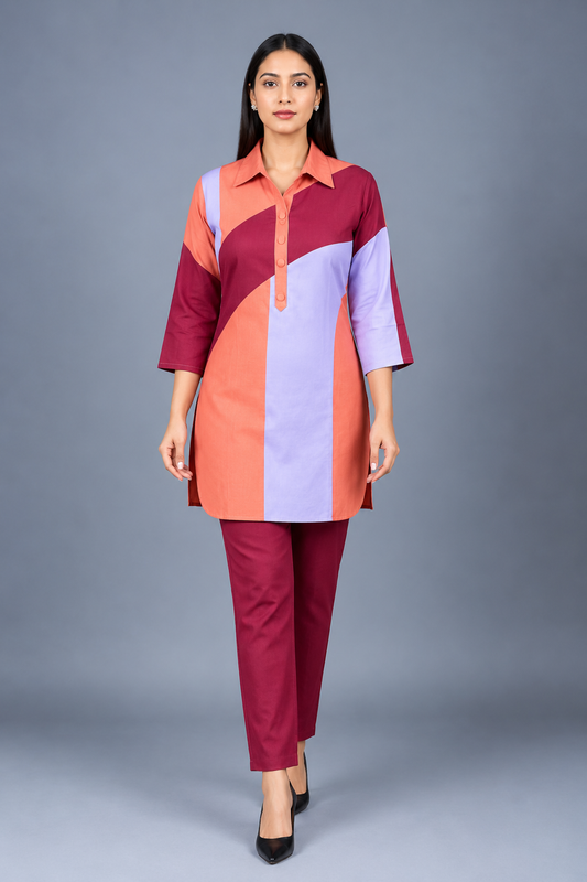 Coral Lilac Muse Reyon Co-Ord Set with Matching Free Scrunches