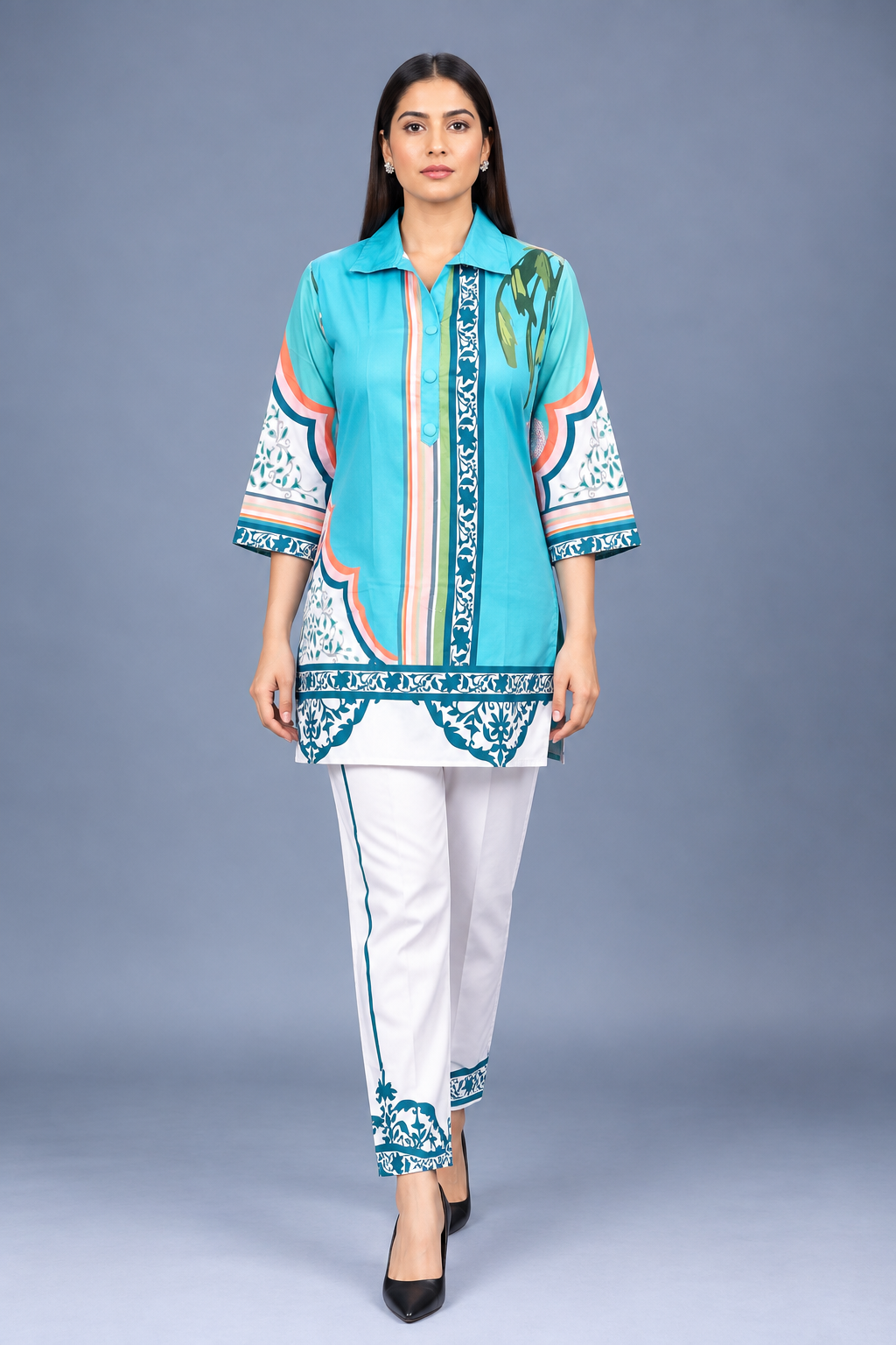 Aqua Azure Reyon Co-Ord Set with Matching Free Scrunches