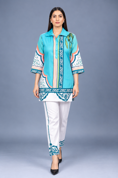 Aqua Azure Reyon Co-Ord Set with Matching Free Scrunches
