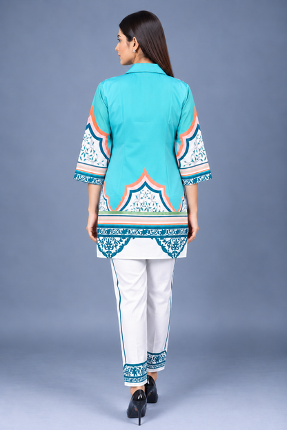 Aqua Azure Reyon Co-Ord Set with Matching Free Scrunches