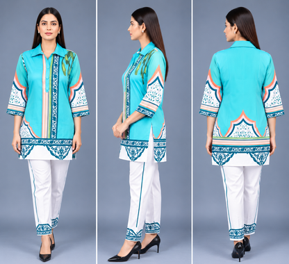 Aqua Azure Reyon Co-Ord Set with Matching Free Scrunches