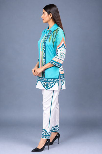 Aqua Azure Reyon Co-Ord Set with Matching Free Scrunches