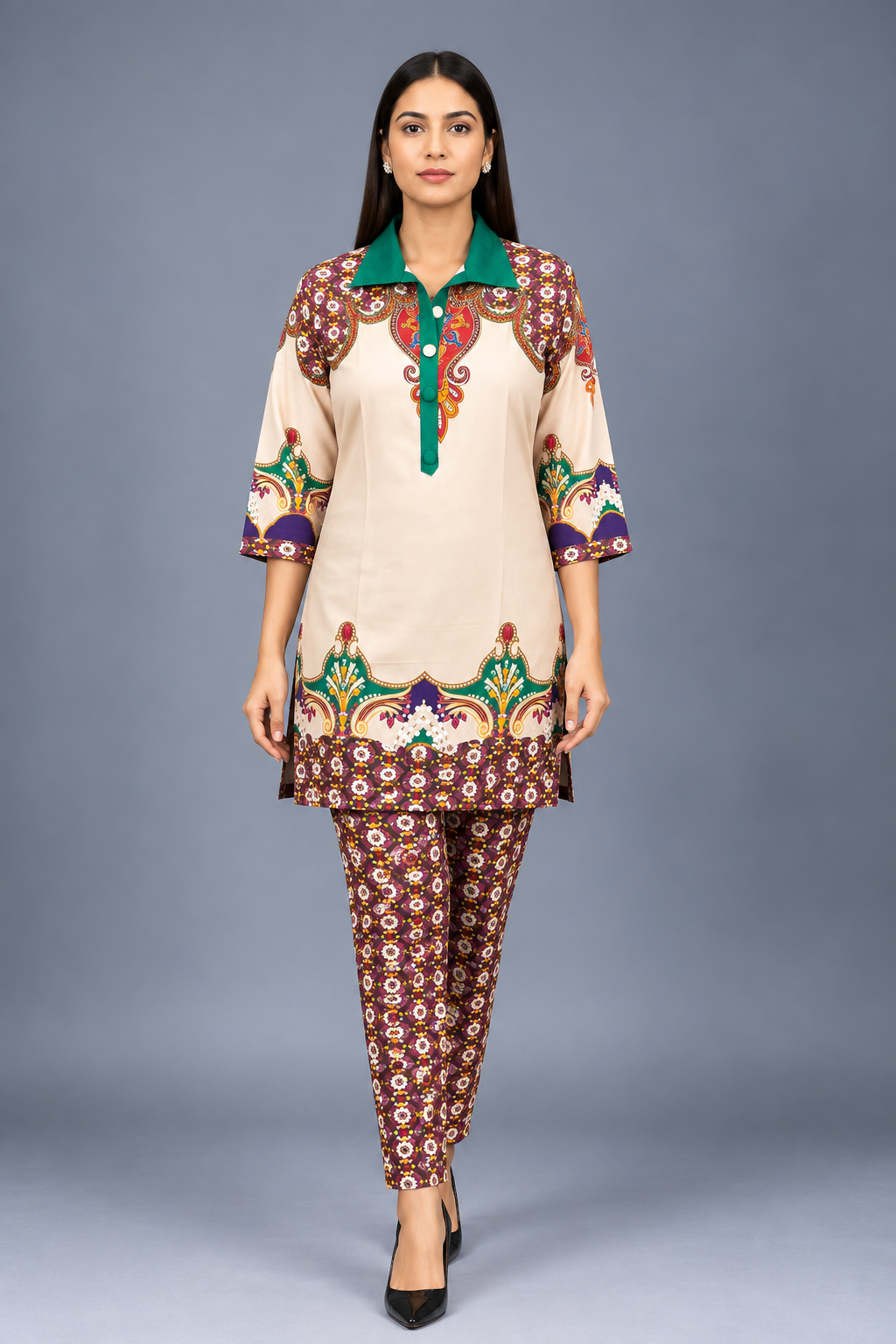Ivory Emerald Bloom Reyon Co-Ord Set with Matching Free Scrunches