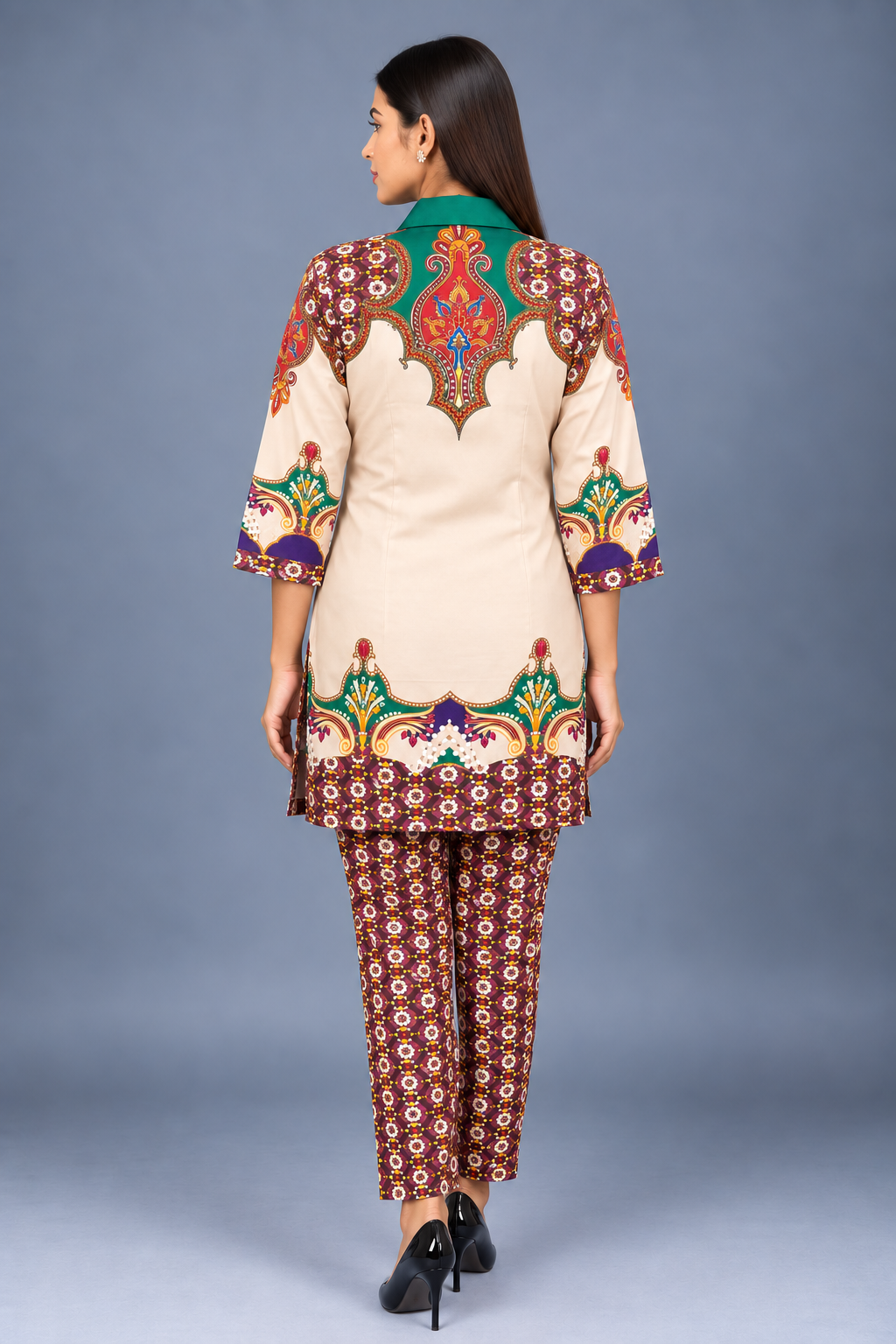 Ivory Emerald Bloom Reyon Co-Ord Set with Matching Free Scrunches