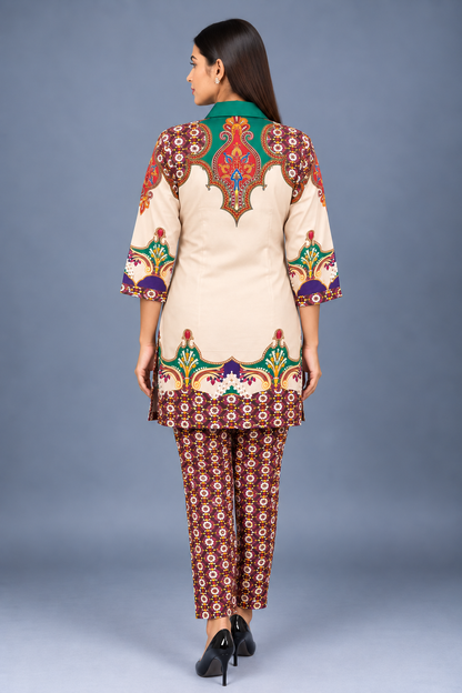 Ivory Emerald Bloom Reyon Co-Ord Set with Matching Free Scrunches