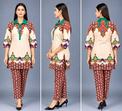 Ivory Emerald Bloom Reyon Co-Ord Set with Matching Free Scrunches
