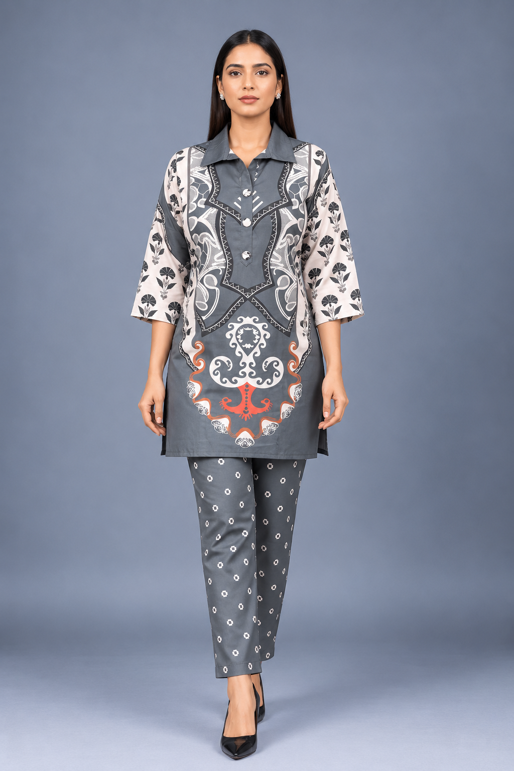 Silver Sage Reyon Co-Ord Set with Matching Free Scrunches