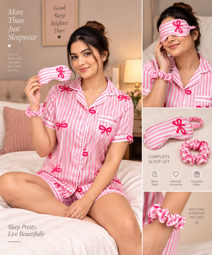 Satin Sweetheart 4-Piece Sleep Set Shirt + Nikker + Scrunchies + Eye Mask