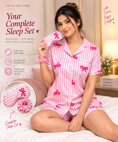 Satin Sweetheart 4-Piece Sleep Set Shirt + Nikker + Scrunchies + Eye Mask