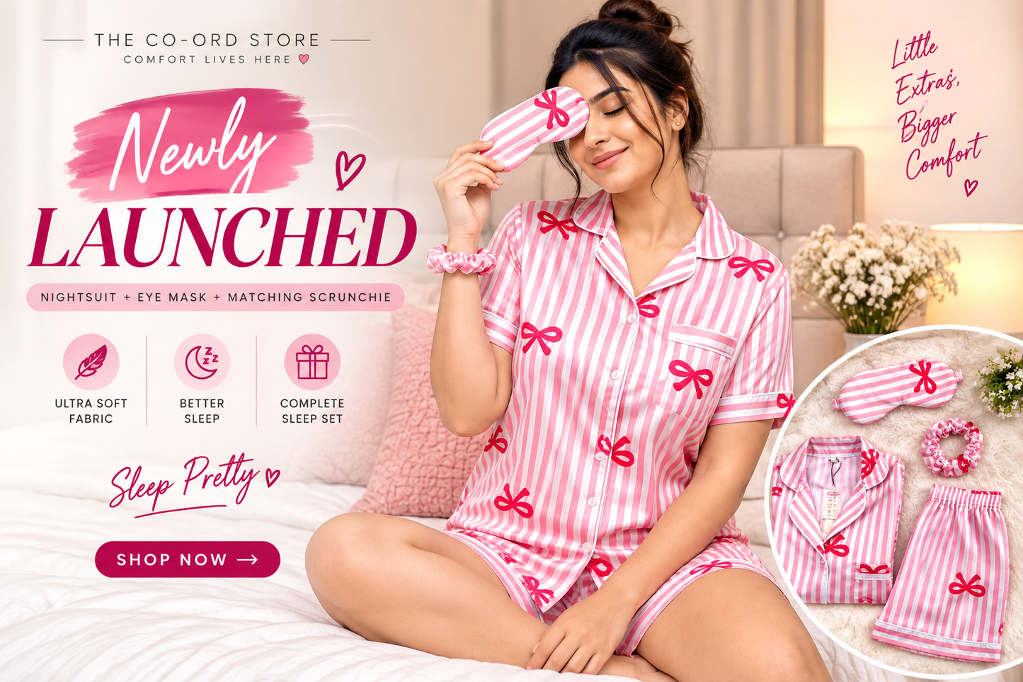 Satin Sweetheart 4-Piece Sleep Set Shirt + Nikker + Scrunchies + Eye Mask