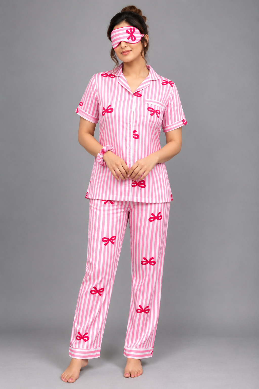 Satin Sweetheart 4-Piece Long Sleep Set Shirt + Full-Length Lower + Scrunchies + Eye Mask