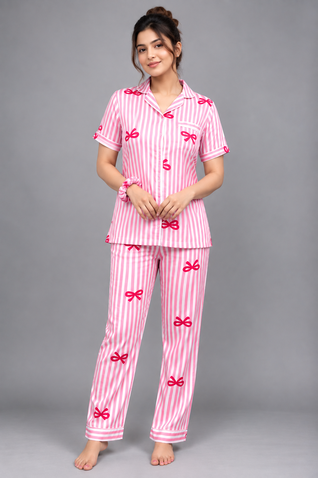 Satin Sweetheart 4-Piece Long Sleep Set Shirt + Full-Length Lower + Scrunchies + Eye Mask