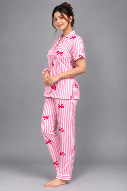 Satin Sweetheart 4-Piece Long Sleep Set Shirt + Full-Length Lower + Scrunchies + Eye Mask