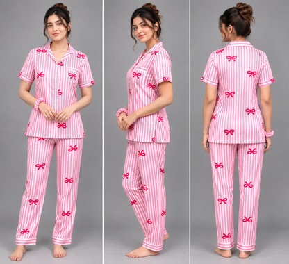 Satin Sweetheart 4-Piece Long Sleep Set Shirt + Full-Length Lower + Scrunchies + Eye Mask