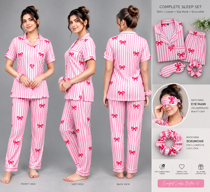 Satin Sweetheart 4-Piece Long Sleep Set Shirt + Full-Length Lower + Scrunchies + Eye Mask