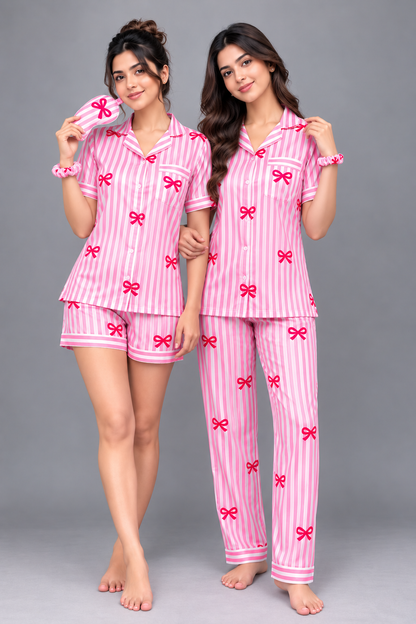 Satin Sweetheart 5-Piece Complete Sleep Set Shirt + Nikker + Full-Length Lower + Scrunchies + Eye Mask