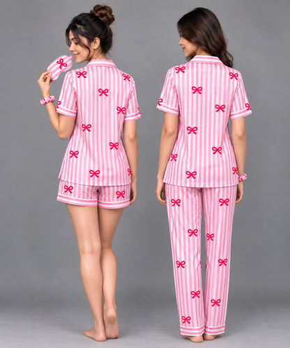 Satin Sweetheart 5-Piece Complete Sleep Set Shirt + Nikker + Full-Length Lower + Scrunchies + Eye Mask