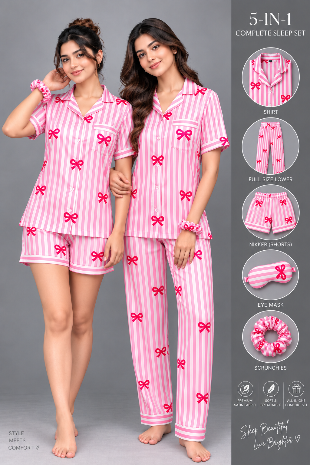 Satin Sweetheart 5-Piece Complete Sleep Set Shirt + Nikker + Full-Length Lower + Scrunchies + Eye Mask
