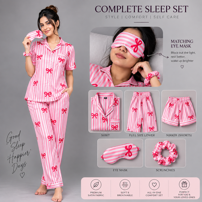 Satin Sweetheart 5-Piece Complete Sleep Set Shirt + Nikker + Full-Length Lower + Scrunchies + Eye Mask